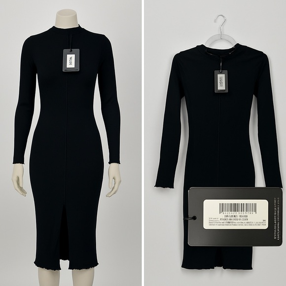 MF-220. Black Cotton Split Front Lettuce Hem Midaxi Dress - Picture 1 of 4